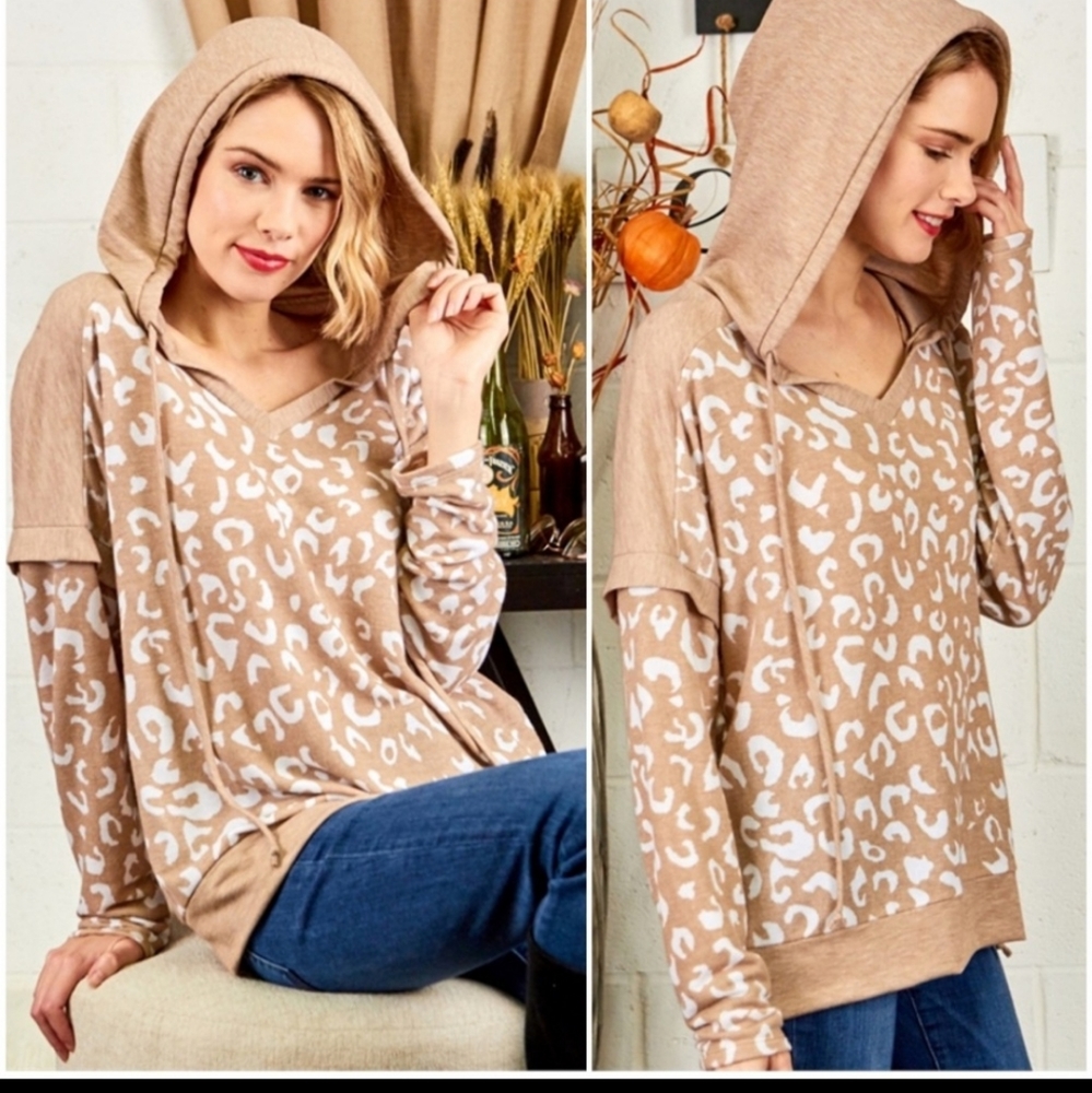 Mocha Animal Print V Neck Hoodie